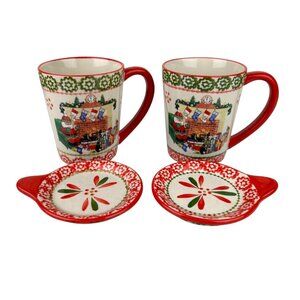 Temptations Christmas Ceramic Mugs & Coasters Set Holiday 16 oz Santa Fireplace